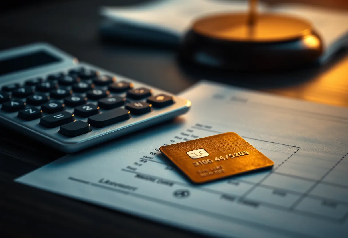 Calculadora, documentos bancarios y tarjeta de crédito