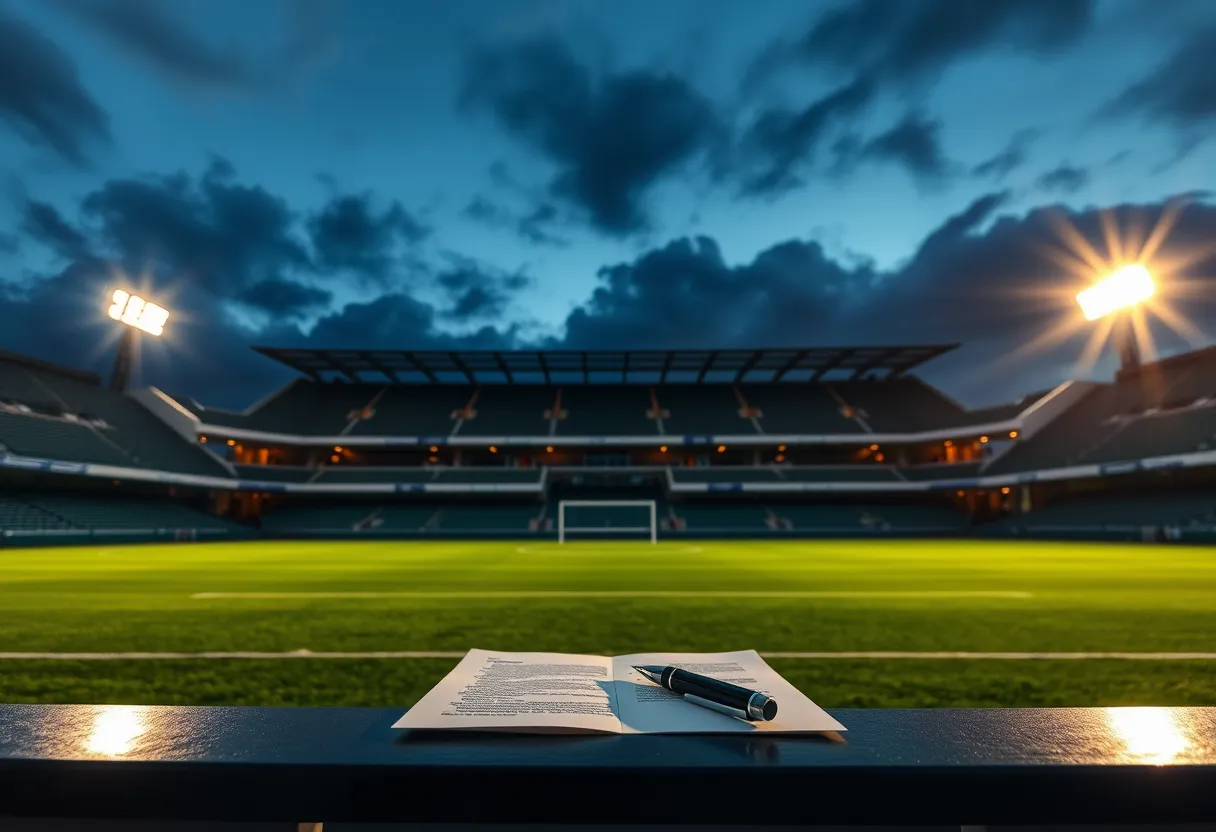 Estadio de fútbol al anochecer con un contrato en primer plano