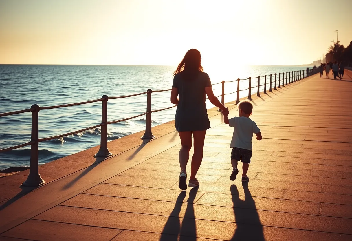 Madre e hijo paseando de la mano junto al mar