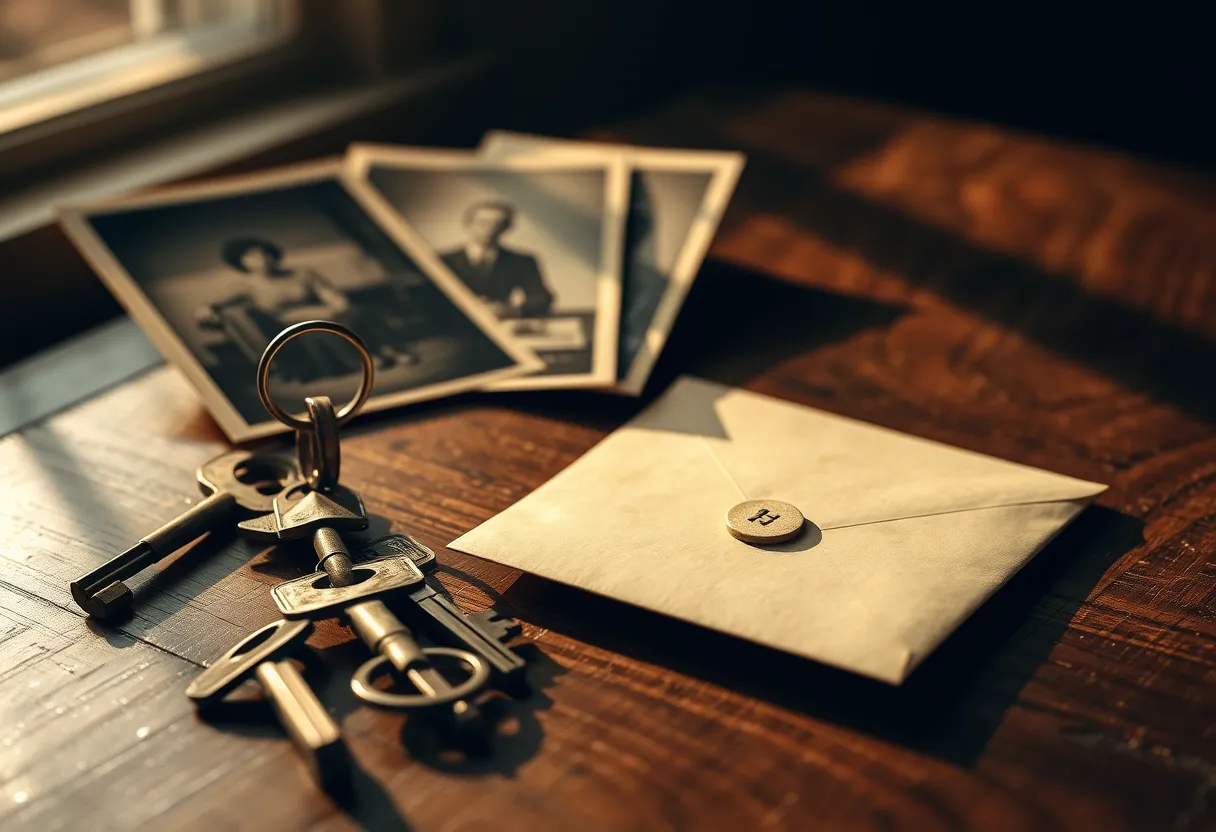 Llaves antiguas, fotografías familiares y un sobre